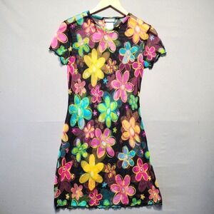 VTG Y2K Aqua Blues Mesh Flower Dress Juniors 7 Psychedelic Fairycore USA